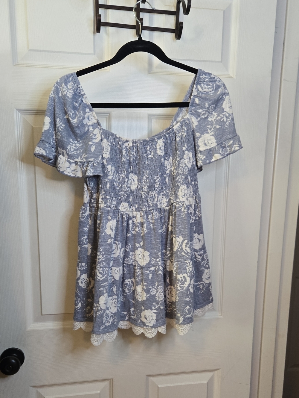 Light Blue Floral Smocked Off-Shoulder Tunic with Lace Trim